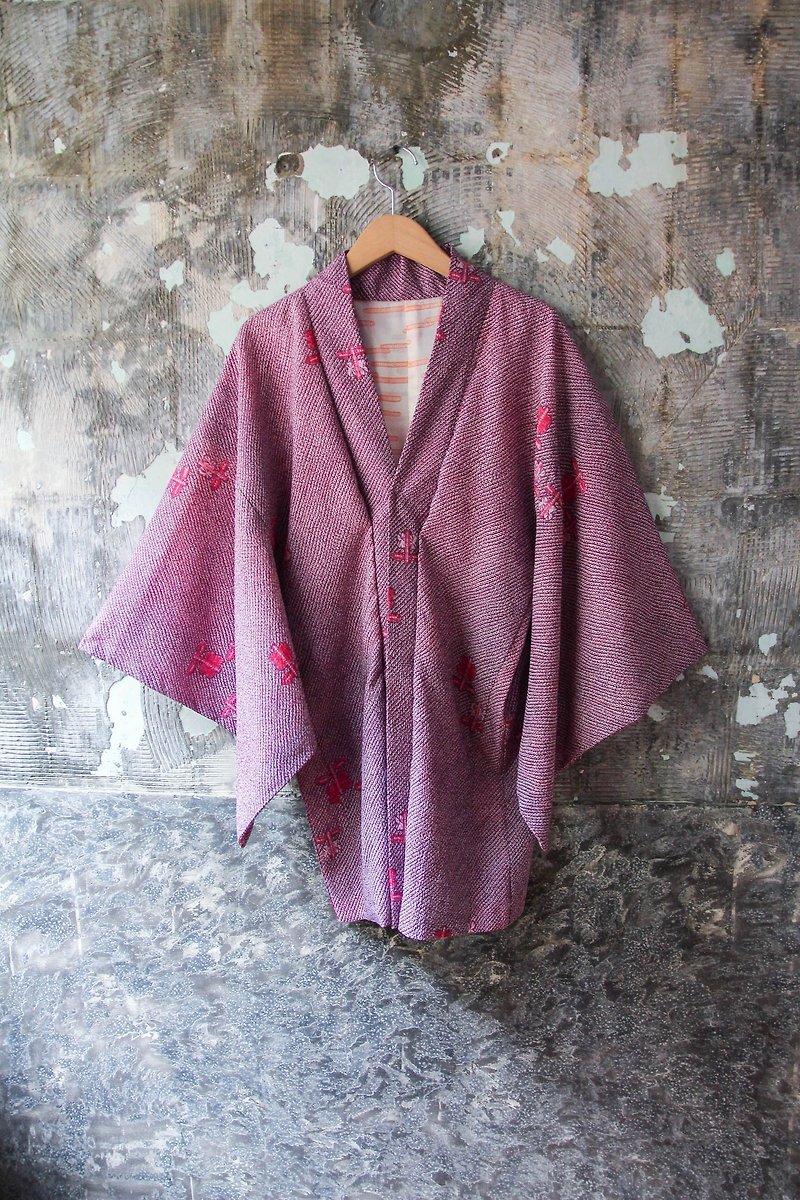 裊裊百貨公司-Vintage 粉紫色系花朶布花羽織外套 復古著 - 女大衣/外套 - 聚酯纖維 