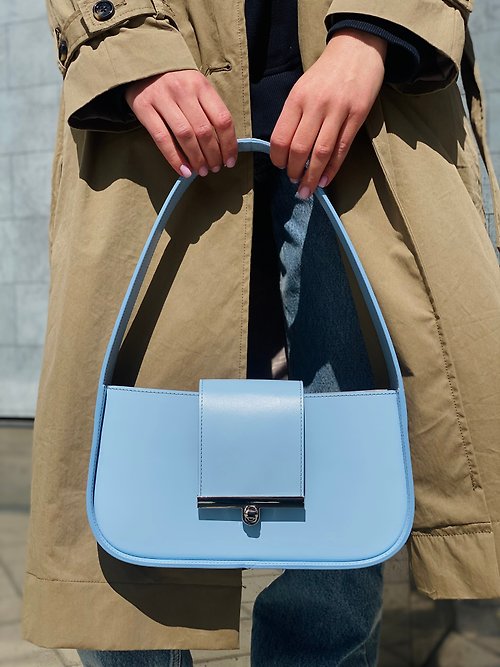 Lamponi Blue leather baguette bag, Blue leather crossbody bag, Blue leather purse