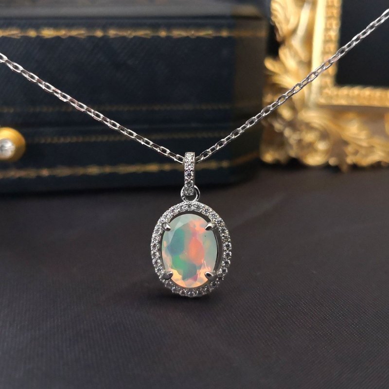 Valentine's Day Gift Box Natural Protein Opal Rare Facet Set The Beauty of Gemstone Sterling Silver Necklace Gift - สร้อยคอ - เงินแท้ สีใส
