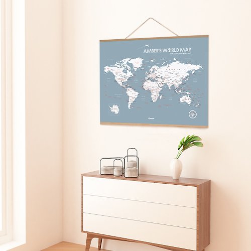 Umade 世界地圖-專屬訂製世界實木框海報-月白灰(客製化禮物)
