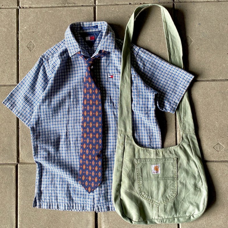 --兩光師古著--Tommy藍色格紋襯衫、領帶、馬鞍包 - 男夾克/外套 - 其他材質 藍色