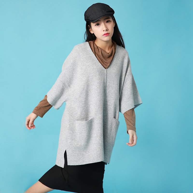 Annie Chen 2016 spring new sweater female literary retro sleeve v-neck knit dress simple hedging - Women's Sweaters - Other Materials Gray