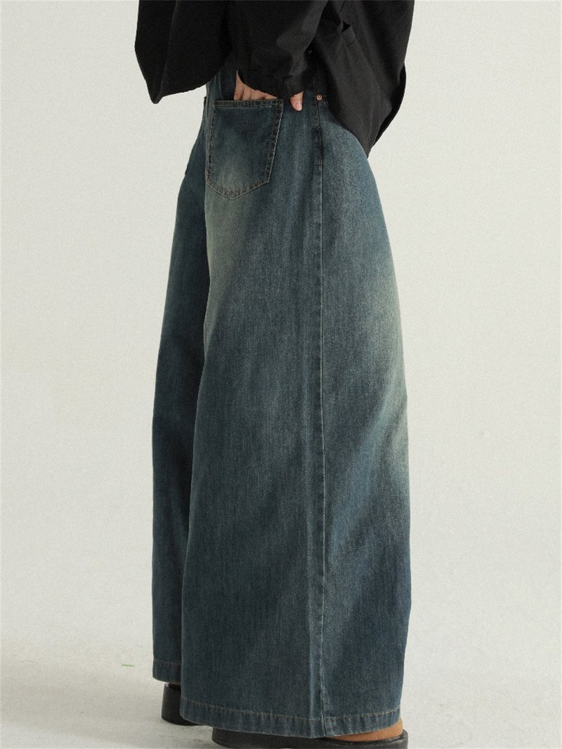 Retro blue wide-leg jeans high-waisted loose vertical straight pants SM - Women's Pants - Cotton & Hemp Blue