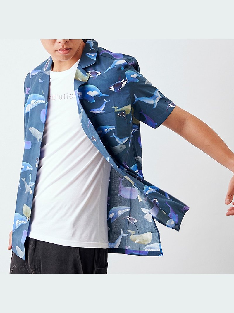 National flower shirt whale multi-series_dark blue - Men's Shirts - Cotton & Hemp 