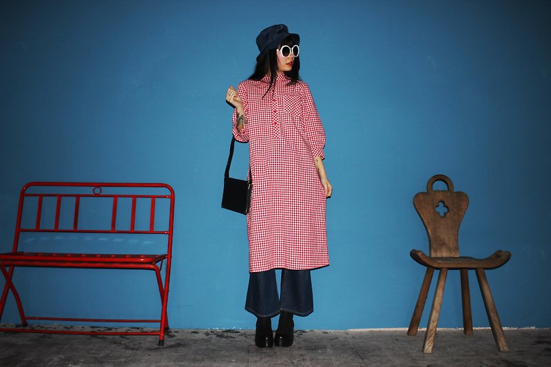 [Vintage dress] (made in Japan) red white small plaid red button dress (Made in Japan) (wedding / picnic / birthday gift / party) F3141 - One Piece Dresses - Cotton & Hemp Red
