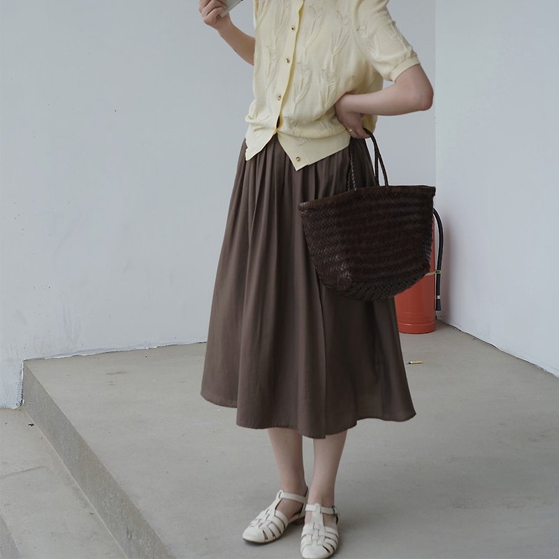 Dark Coffee Color High Waist Elastic A-line Skirt|Skirt|Summer|Tencel Blend|Sora-717 - Skirts - Other Man-Made Fibers Brown