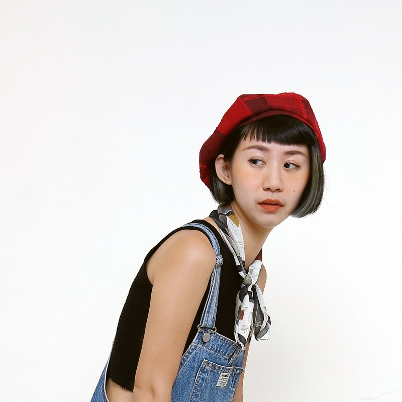 JOJA│ limited / England red grid / SM adjustable / berets / artist hat custom - Hats & Caps - Cotton & Hemp Red