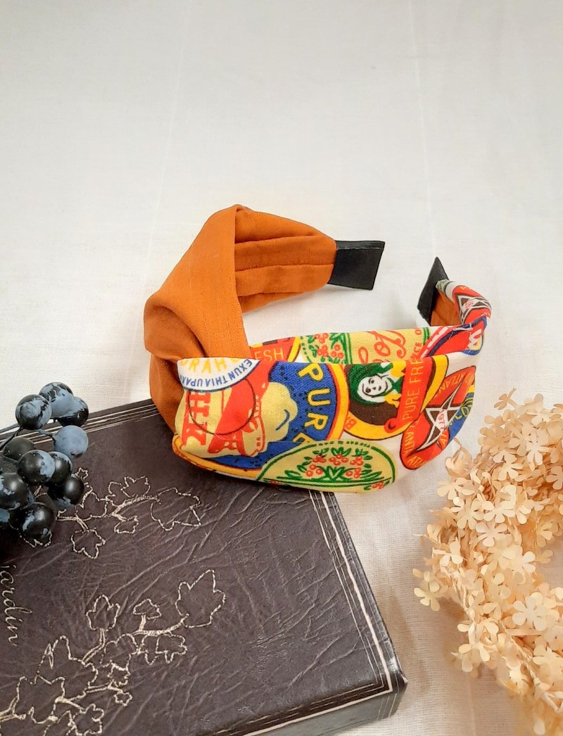 美式復古風(工業風)印花。扭結交叉手工髮箍 - 髮箍/髮帶 - 棉．麻 橘色
