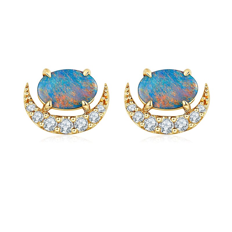 18k Yellow Gold  Australian Opal Diamond Stud Earring, Custom Jewelry, E017 - ต่างหู - เครื่องเพชรพลอย สีน้ำเงิน