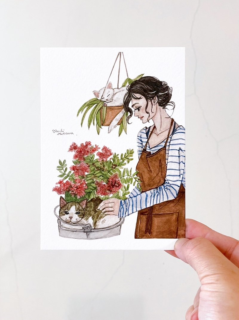 The comfortable life of a gardener and a cat/postcard/watercolor hand-painted - Cards & Postcards - Paper 