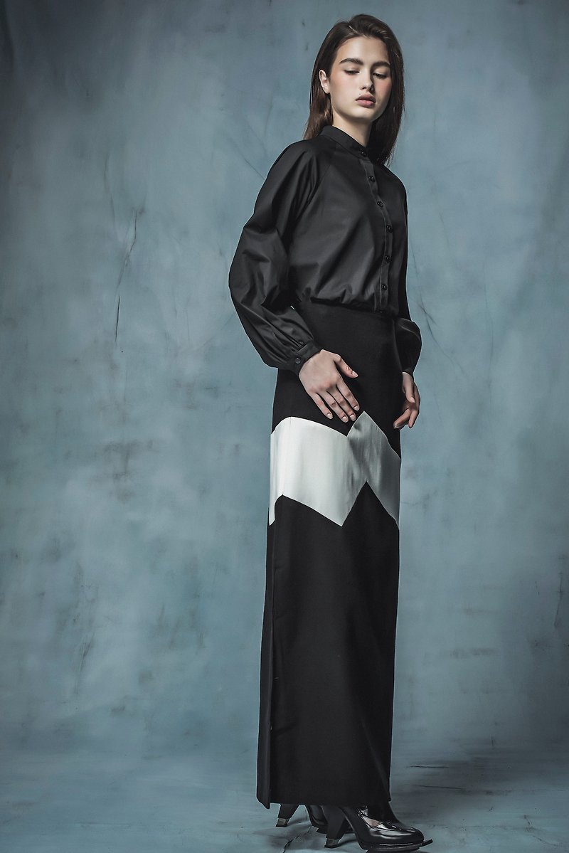 Off-season sale black and white patchwork dress - Skirts - Wool Black