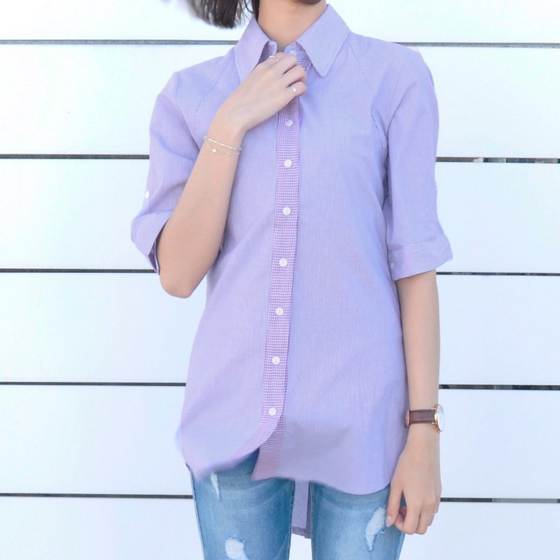 五分袖紫白直間長版拼接襯衫 色織細條純棉長版襯衫-粉紫條紋 - 恤衫 - 棉．麻 紫色