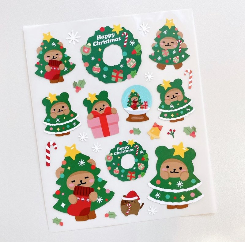 doodle bear christmas card - christmas tree - สติกเกอร์ - กระดาษ หลากหลายสี