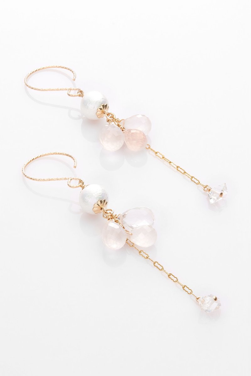 パールシリーズ-Meihe-裕福なホワイトコットンパールローズクォーツハーキモン14K GFイヤリング - ピアス・イヤリング - 半貴石 ホワイト