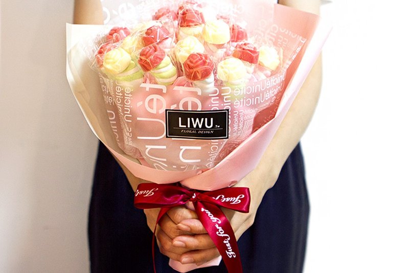 Rose Chocolate Marshmallow Bouquet (21pcs) - ช็อกโกแลต - อาหารสด สึชมพู