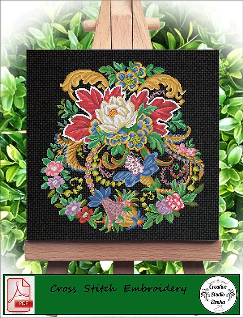 CreativeStudioElenka Vintage Cross Stitch Scheme Pattern with Lotus - PDF Embroidery Scheme