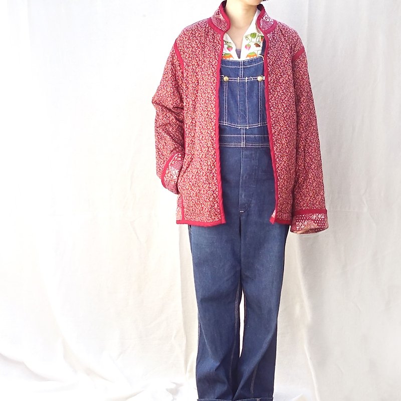 BajuTua / vintage / American country style dark red floral patchwork cotton jacket - เสื้อแจ็คเก็ต - ผ้าฝ้าย/ผ้าลินิน สีแดง