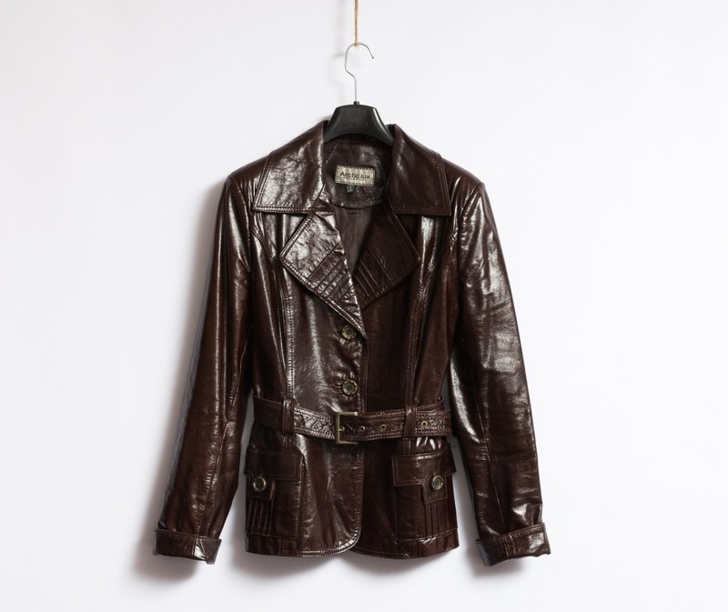Leather Moto Jacket Women Vintage 80s Bomber Biker Jacket edgy Brown - 女大衣/外套 - 真皮 紅色