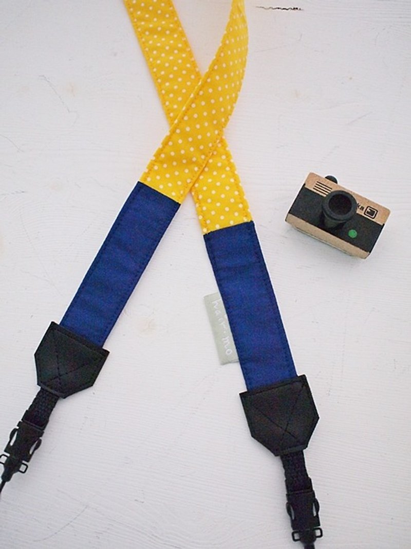 hairmo成雙成對雙背相機帶/證件帶-寶藍+洋黃點(單孔/雙孔)+ - 相機背帶 - 棉．麻 黃色