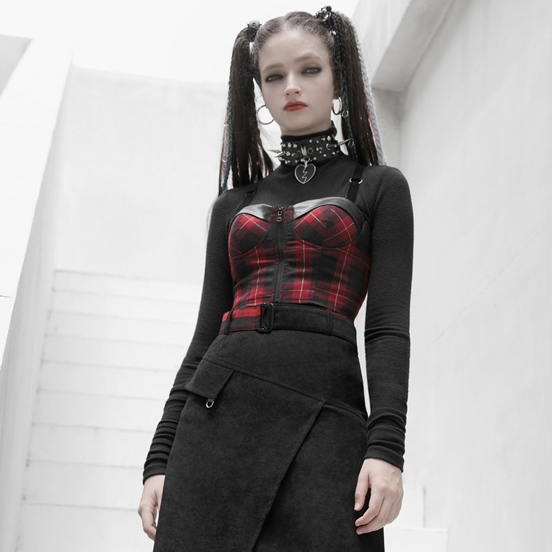 高地女巫格紋胸杯吊帶背心 / *新增大尺碼* / 彈性腰圍 - 背心/無袖上衣 - 其他材質 紅色