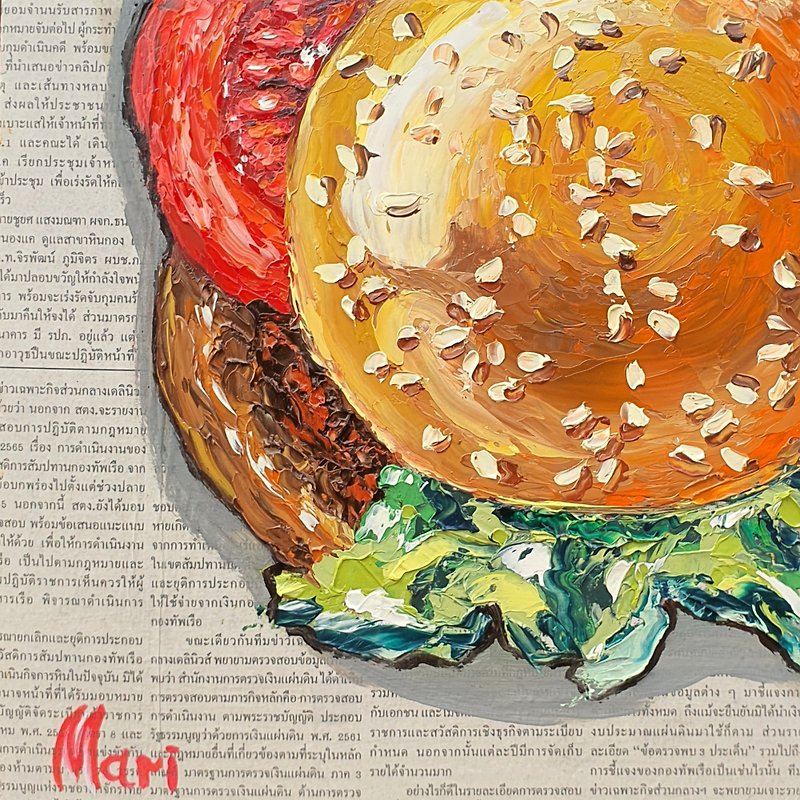 Burger Painting Food Sandwich Original Art Cutlet Bun Burger Sesame Fast Food - 掛牆畫/海報 - 其他材質 橘色