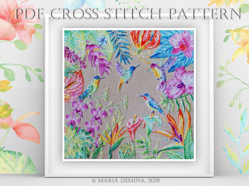 Watercolor Tropical Paradise PDF cross stitch pattern / pillow cover 鸟花十字绣 - 手工藝教學/工具書 - 其他材質 