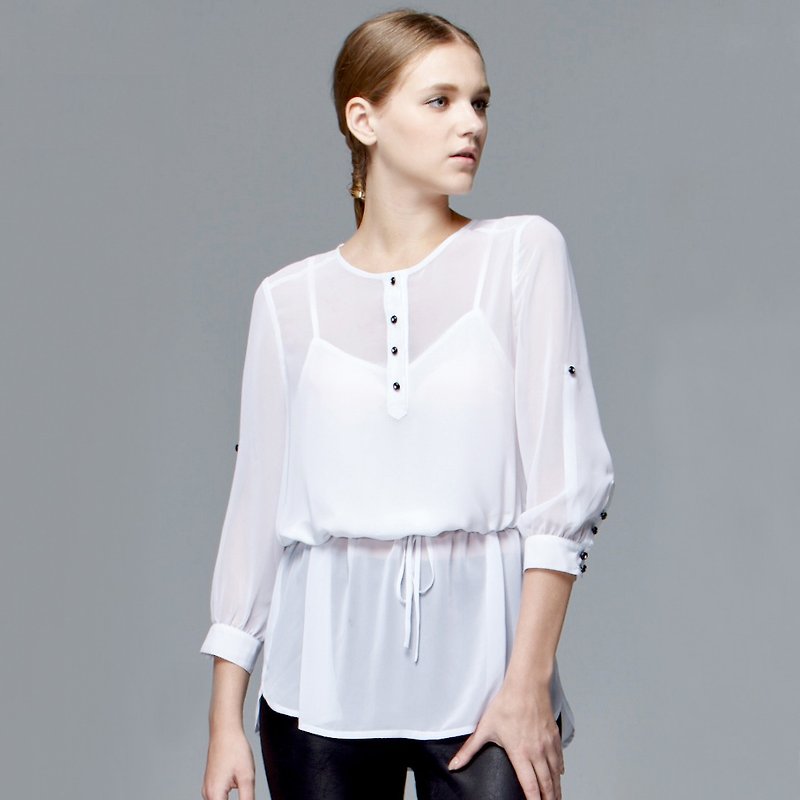 Chiffon drawstring long sleeve top with embroidery on upper back - Women's Tops - Polyester White