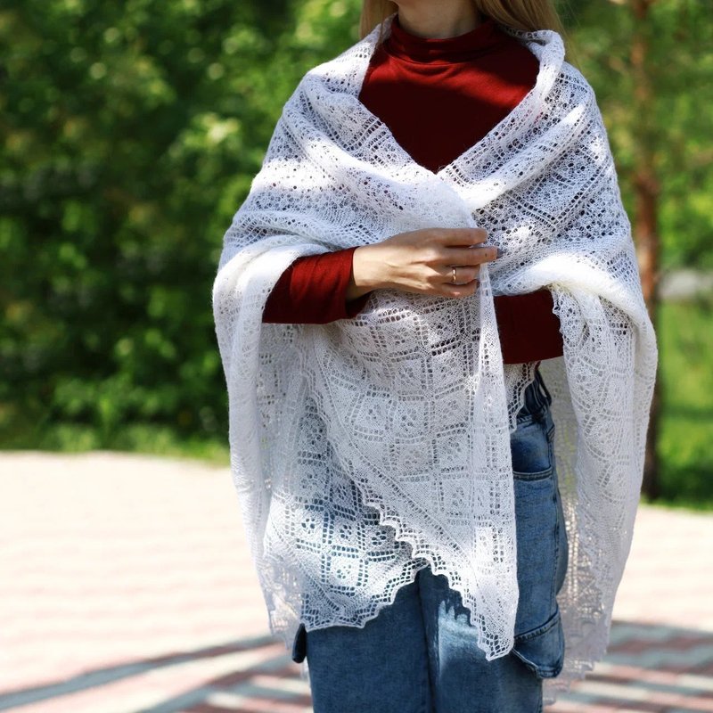 Hand-Knitted Blanket Scarf, Perfect Elegant Gift for Girlfriend - Scarves - Down White