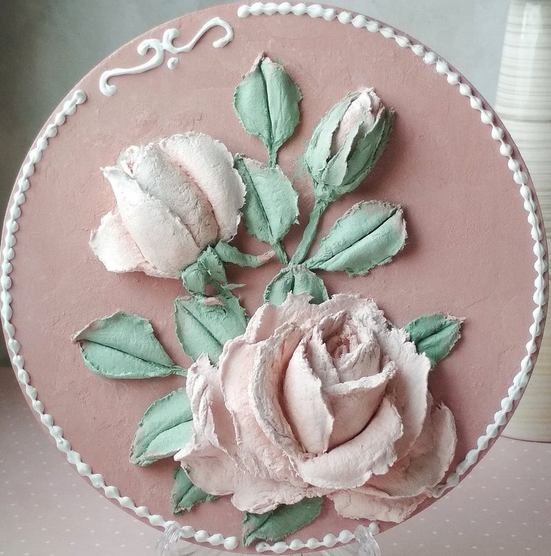 Round small painting with pink roses Floral painting gift Roses wall decor - ตกแต่งผนัง - วัสดุอื่นๆ สีน้ำเงิน