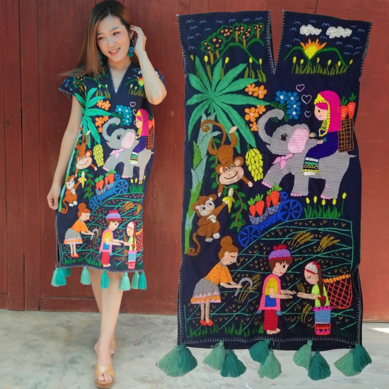 Custom Order | No.STA0107 Thick and soft cotton dress, Karen style, 100% hand Embroidery thread, elephant countryside pattern. - One Piece Dresses - Thread Black
