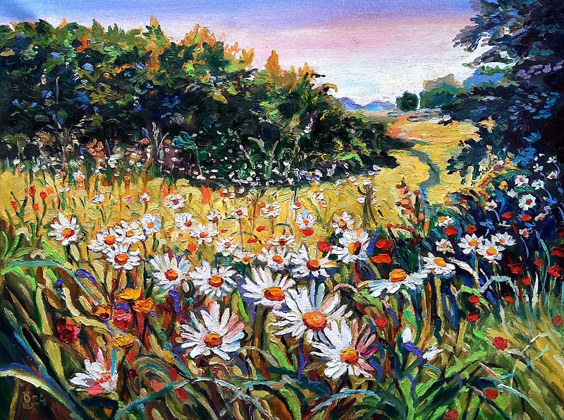 Daisies of Field Art  Painting  Original Art  Oil Painting   Oil On Canvas - Wall Décor - Other Materials Green