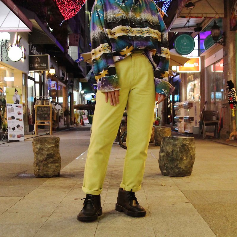 Tsubasa.Y vintage house Vintage VERSACE 011 fluorescent yellow trousers, Vintage VERSACE Jeans - กางเกงขายาว - วัสดุอื่นๆ 