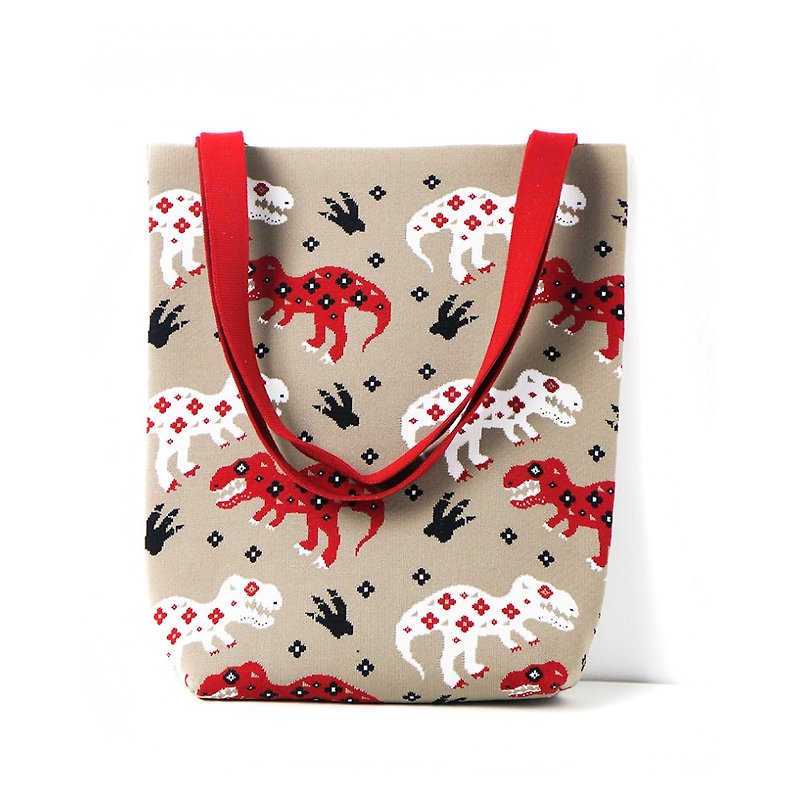 [Weaving] original design fashion creative knit tote bag jacquard dinosaur women's satchel - กระเป๋าถือ - ไนลอน 