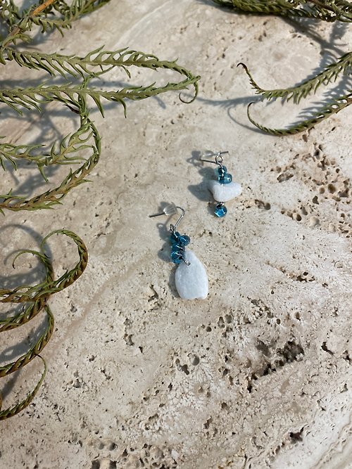 米石里 石穗-水滴 天然大理石水藍串珠造型耳針 耳釘 耳環 獨家設計