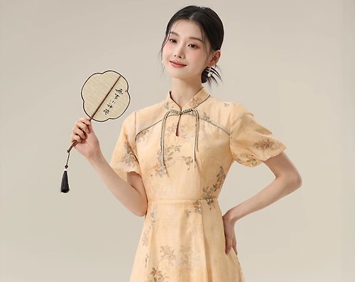 初蟬 橙時序 新中式復古中國風 印花天絲改良洋裝
