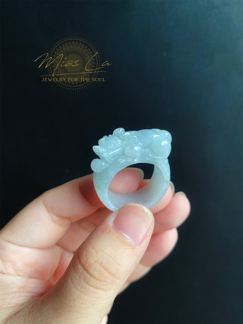 天然緬甸玉 翡翠 招財霸王 貔貅 有錢 翡翠 戒指 玉 戒環 ring - 戒指 - 玉石 綠色