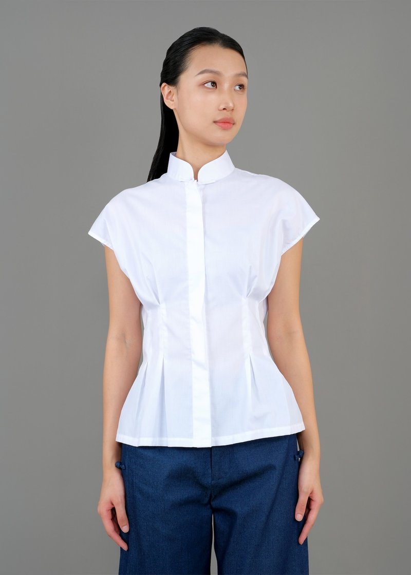 連肩袖立領襯衫 |香港設計 - 女襯衫 - 棉．麻 白色