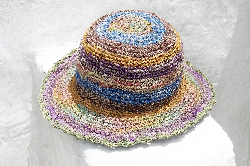 Valentine's Day gift a limited edition of hand-woven cotton Linen cap / knit cap / hat / visor / hat / straw hat - fruit gradient ice cream lace colorful stripes - Hats & Caps - Cotton & Hemp Multicolor