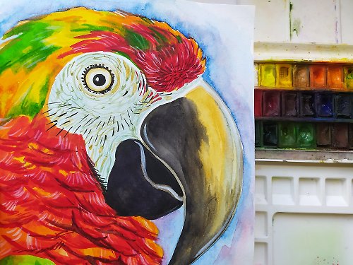 Nadinart 紅鸚鵡水彩藝術繪畫動物鳥原創藝術藝術品