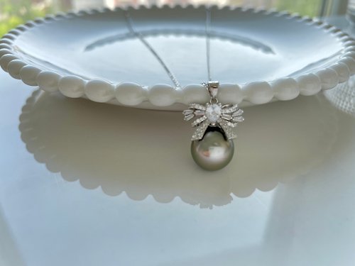 Athena珍珠設計 孔雀綠 天然海水珍珠 大溪地黑珍珠 純銀吊墜 贈項鏈