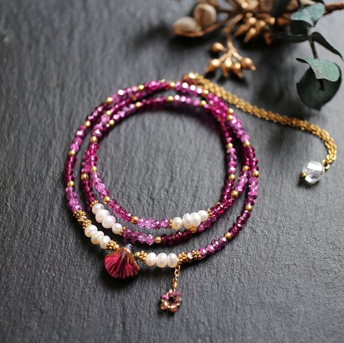 Earring Fanatic 不鏽鋼玻璃珍珠三層調節式手鍊項鍊兩用鍊金屬桃紅色