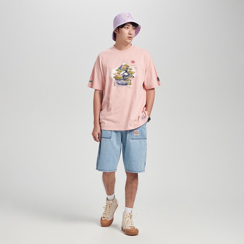 Edo Katsu Japanese orange and green potted wide version short-sleeved T-shirt - Men's (light pink) #Top - เสื้อยืดผู้ชาย - ผ้าฝ้าย/ผ้าลินิน สึชมพู