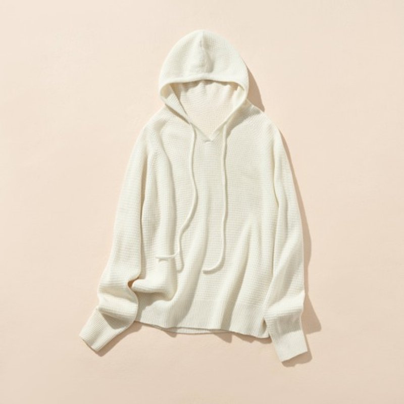 Natural-looking knit hoodie with hood, 100% wool, off-white, 231018-2 - เสื้อผู้หญิง - ขนแกะ 