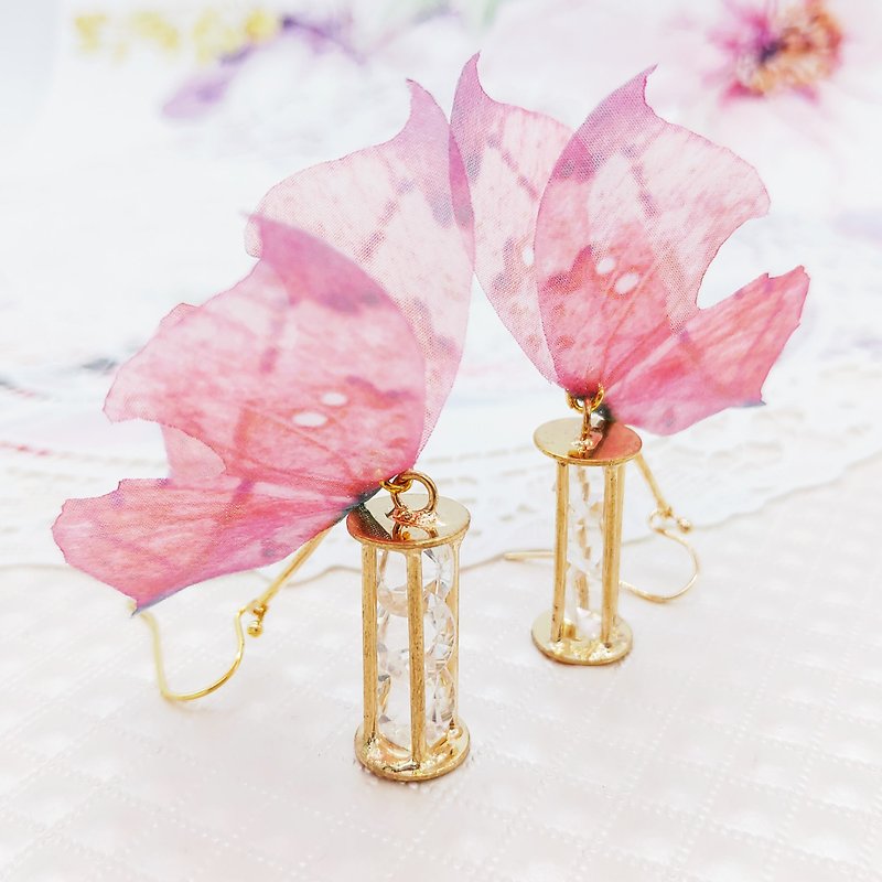 Daqian design red leaf pattern tulle butterfly hollow gold column with diamond earrings / clip gift Valentine's Day - Earrings & Clip-ons - Cotton & Hemp Red