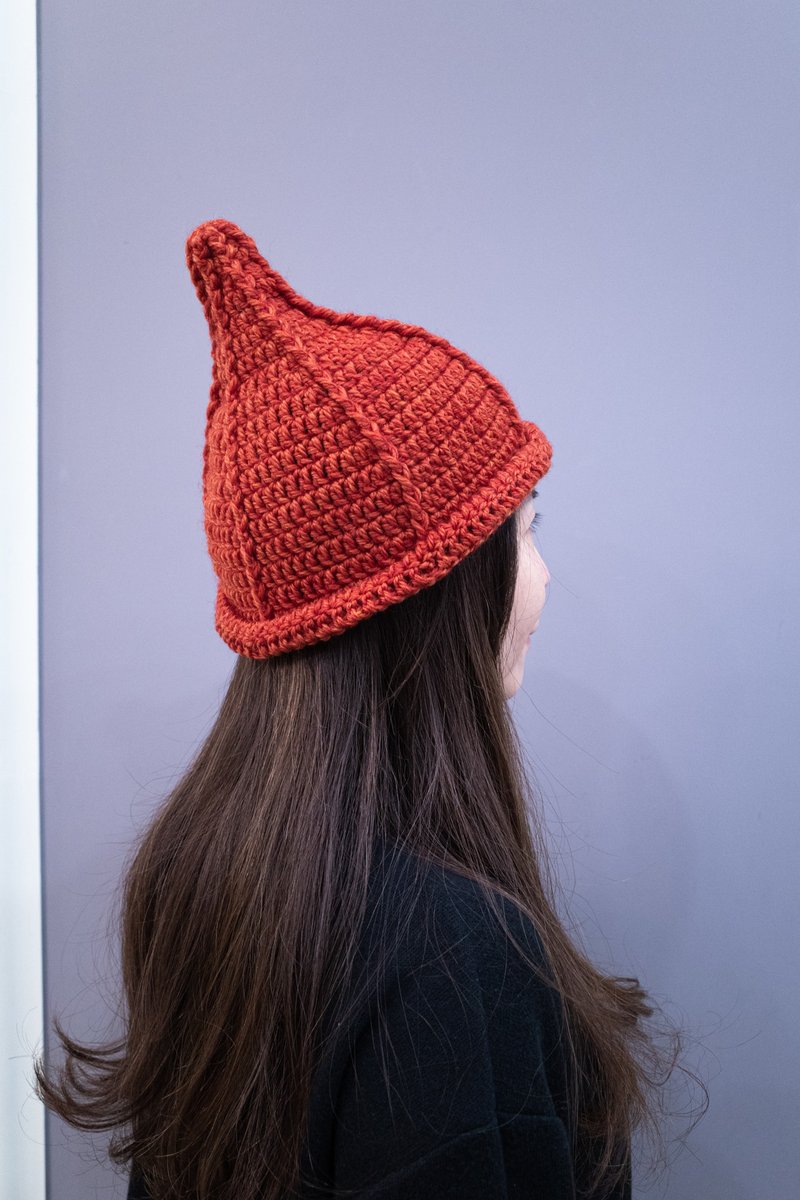 Handmade knitted fur hat-pointed hat-elf hat-caramel orange (crochet style) - Hats & Caps - Wool 