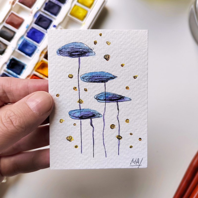 Original Blue Mushrooms Aceo Floral Cards in Watercolor - Wall Décor - Paper Blue