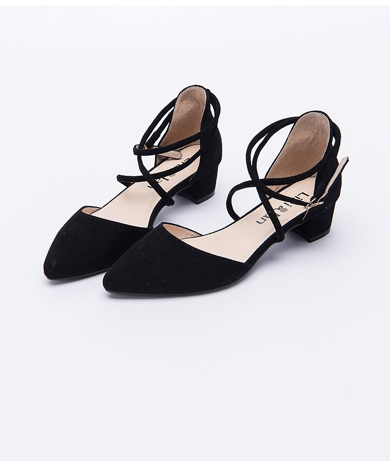 [Light mature female foot print] leather winding sling with thick sandals _ high cold black - Sandals - Genuine Leather Black