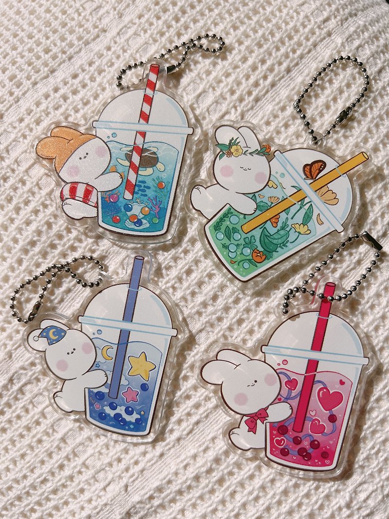 Cute Dreamy Bunny Pearl Milk Tea Acrylic Keychain - Keychains - Acrylic Multicolor