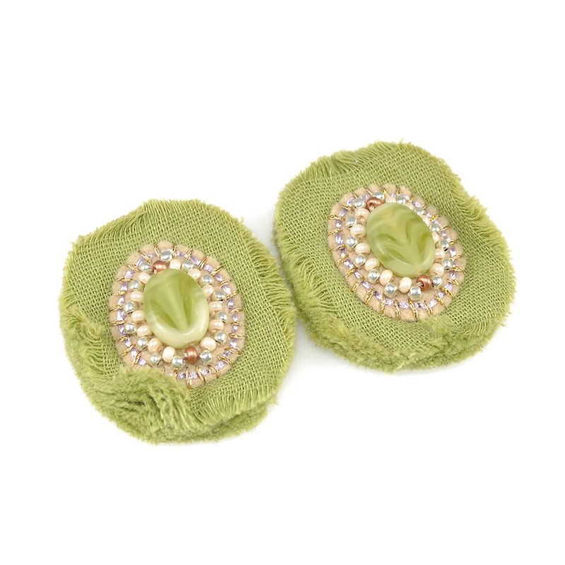 gauze and beads earrings, flower earrings,statement earrings light green 2 - Earrings & Clip-ons - Cotton & Hemp Green