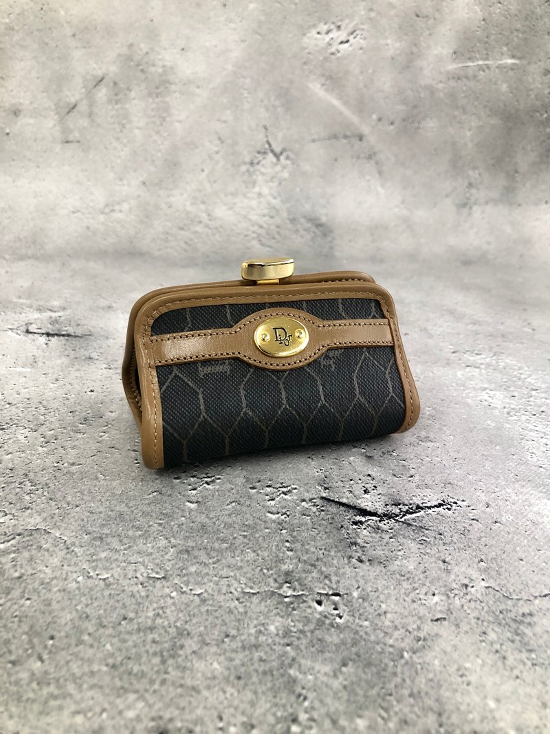 [Direct from Japan, branded used bag] Christian Dior honeycomb wallet, black, PVC, leather kiss lock bag, vintage, old i8im8h - กระเป๋าสตางค์ - วัสดุกันนำ้ สีดำ